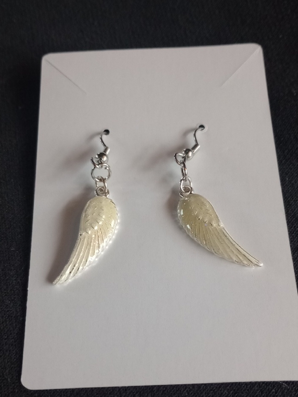 Hand Crafted Silver-Tone Angel Wing Drop Earrings - Cream/White